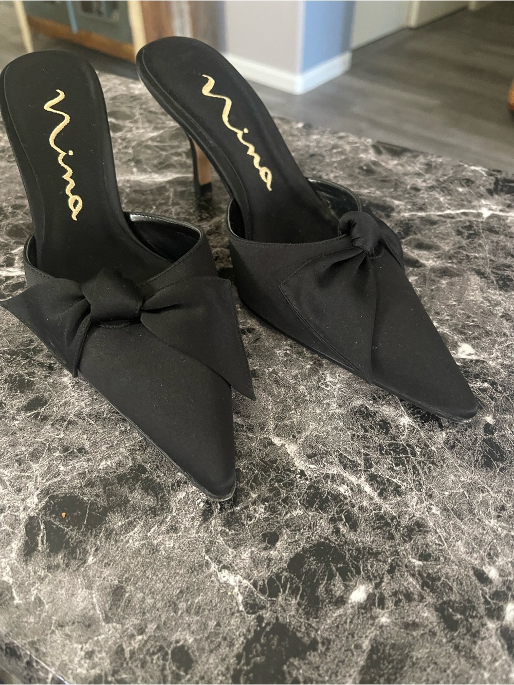 Nina Dressy Black Pointed Knot Mules Genuine Leather Sole